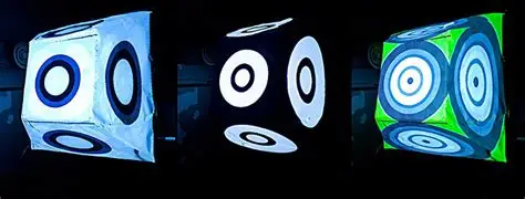 Tre immagini di videomapping su un volume cubico, con cerchi luminosi.