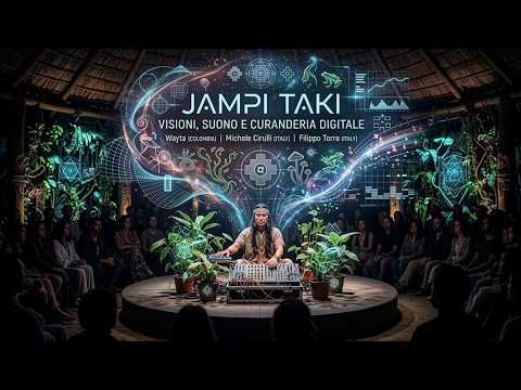 Jampi Taki: grafica del progetto con musicista, piante e forme luminose.